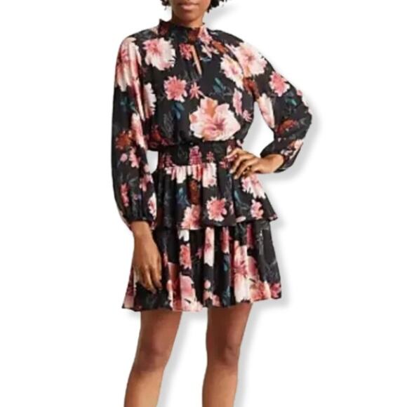 West K Mini Dress Floral Pattern Long Sleeve Keyhole Mock Neck Multicolor S NWOT - Picture 1 of 9